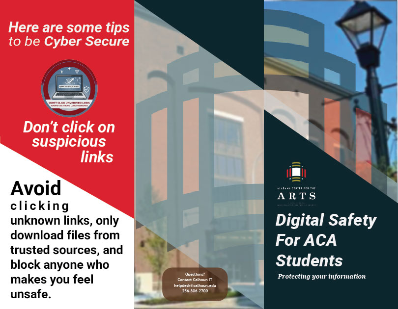 Cyber security flyer with red warning text, “Don’t click on suspicious links,” and “Digital Safety For ACA Students.”