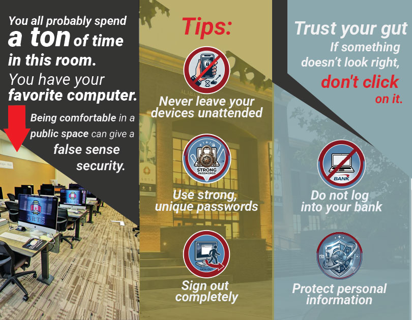Security awareness poster showing computer lab tips, password guidance, and warnings against clicking or logging into bank.