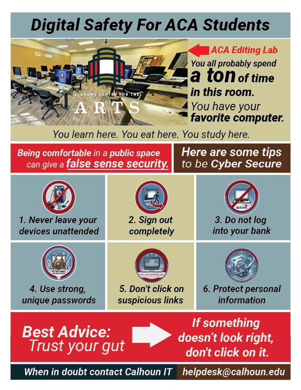Poster titled “Digital Safety For ACA Students” shows computer lab tips and six cybersecurity do’s and don’ts.