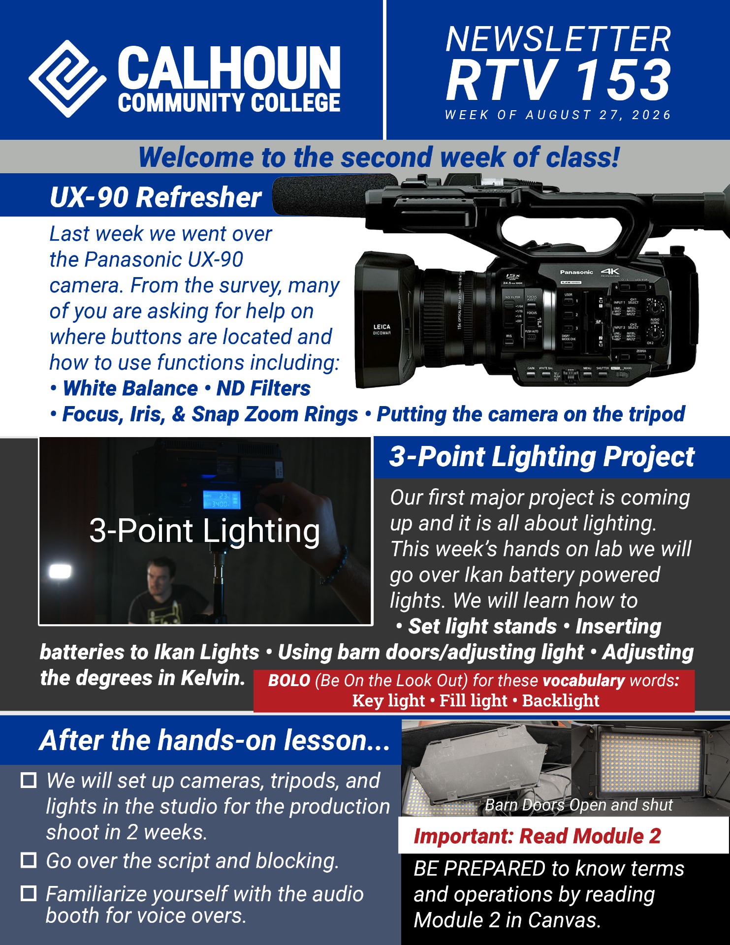 Calhoun Community College newsletter RTV 153 with camera and lighting project text, including 3-point lighting section.