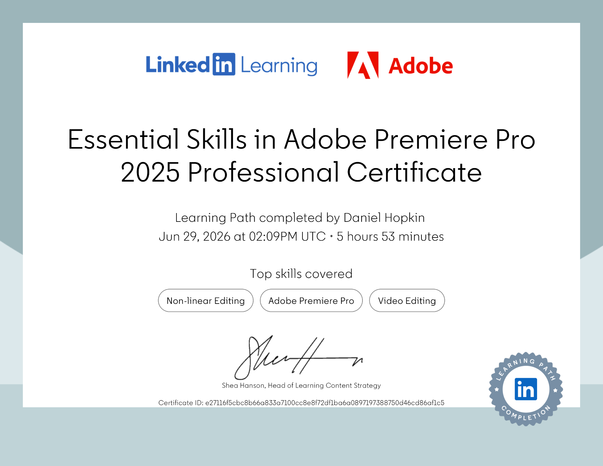 Adobe Premiere Certificate from LinkedIn Learning