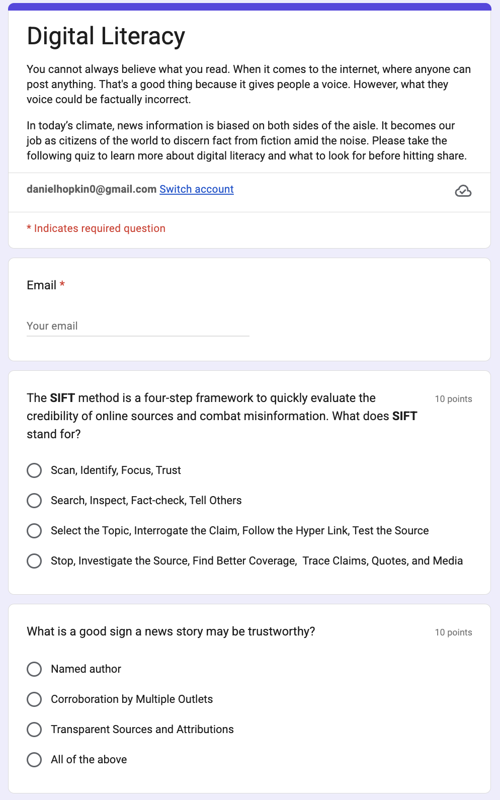 Screenshot of a digital literacy quiz page with multiple-choice questions and an email input form.